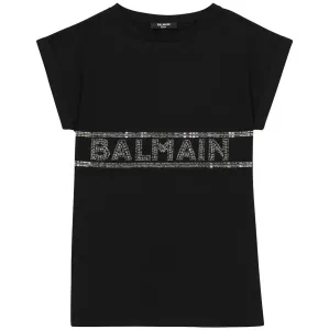 Balmain Girls Crystal Embellished Logo T-shirt Dress Black 10Y