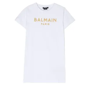 Balmain Girls Embroidered Gold Logo Dress White 12Y