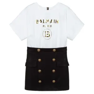 Balmain Girls Gold Foil Logo Dress White 12Y White/black #707402