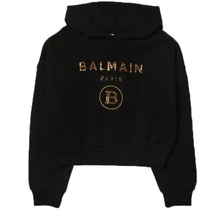 Balmain Girls Cropped Sequin Logo Hoodie Black 6Y