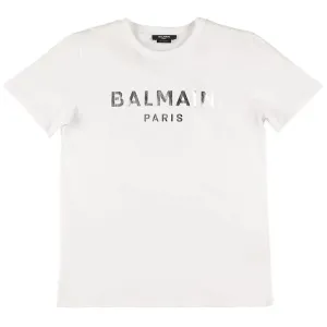 Balmain Boys Silver Tone Logo T-shirt White 8Y