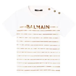 Balmain Girls Gold Stripe T-shirt White 10Y #707596