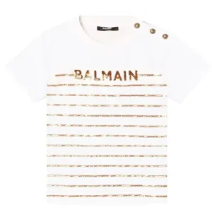 Balmain Girls Gold Stripe T-shirt White 12Y #705944