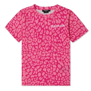 Balmain Girls Leopard Print T-shirt Pink 4Y