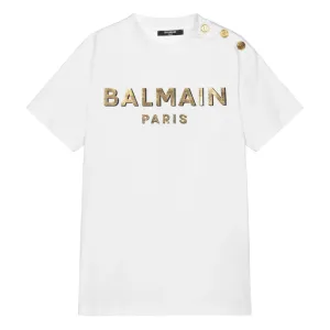 Balmain Unisex Golden Logo T-shirt White 16Y