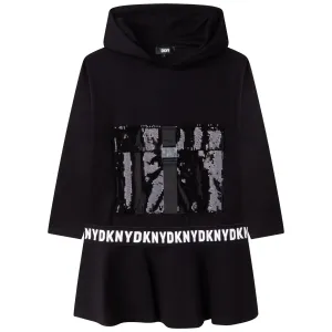 Dkny Girls Black Hooded Logo Dress 10Y