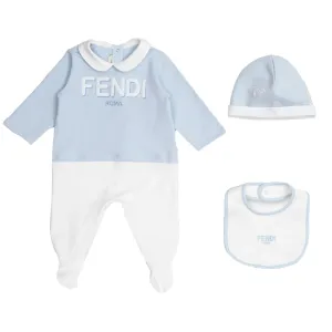 Fendi Baby Boys Babygrow, Hat & Bib Set Blue 6M