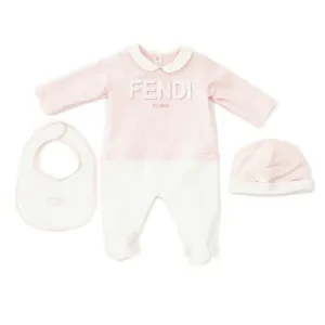 Fendi Baby Girls Babygrow, Hat & Bib Set Pink 3M