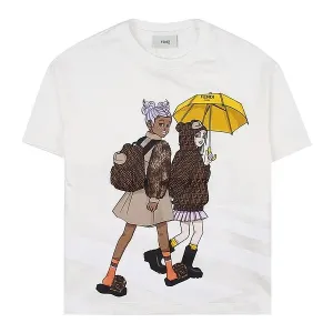 Fendi Girls Graphic Printed Crewneck T-shirt in White 14Y