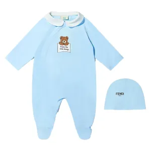 Fendi Baby Boys Bear Logo Babygrow And Hat Set Blue 3M