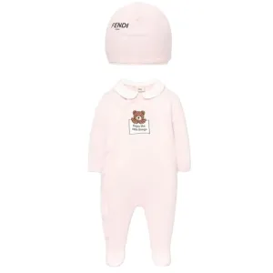 Fendi Baby Girls Bear Logo Babygrow And Hat Set Pink 3M