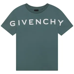 Givenchy Boys Stretched Logo T-shirt in Blue 04A Olive 100% Cotton - Trimming: 97% Cotton, 3% Elastane