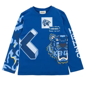Kenzo Boys K And Tiger Logo T-shirt Blue 14A