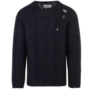 Maison Margiela Mens Distressed Cable Knit Jumper Navy S