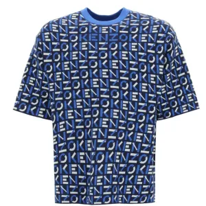 Kenzo Mens Monogram Print Oversized T-shirt Blue S