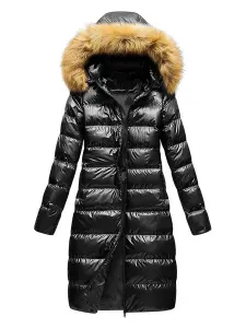 Chaqueta de mujer Abrigo acolchado negro Abrigo de invierno con capucha de piel sintética #336877