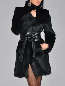 Abrigo de piel sintética Mujeres Negro manga larga abrigo de invierno Faja Excluida #222184