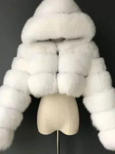 Abrigos de piel sintética blancos para mujer, mangas largas, con capucha, forro de poliéster lila, abrigo corto de invierno #396261