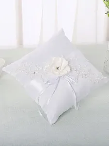 Almohada del portador del anillo Almohadas blancas de la boda de la cinta de las flores del cordón