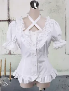 Blanco Algodón Lolita Blusa Cortas Mangas Cuello Tirantes Encaje Trim Volantes #188470