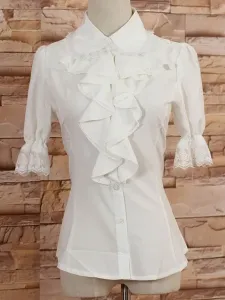 Blusa de Lolita de mangas medio blanco con solapa y volantes #214096