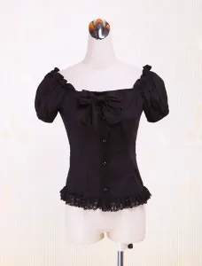 Blusa negra de lolita de algodón de manga corta #191240