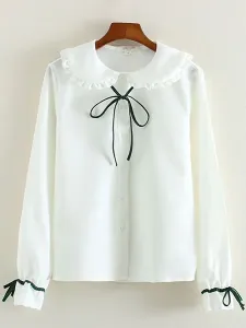 Lazo blanco acanalado algodón Lolita camisa para mujeres #207678