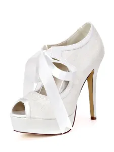 Zapatos de novia de encaje Marfil Peep Toe Lace Up Tacón de aguja 4.9 "Zapatos de novia #355822