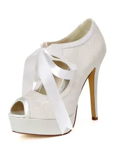 Zapatos de novia de encaje Marfil Peep Toe Lace Up Tacón de aguja 4.9 "Zapatos de novia #355848