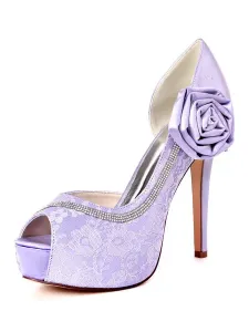 Zapatos de novia de marfil Plataforma de encaje Peep Toe Diamantes de imitación Zapatos de novia de tacón alto #355666