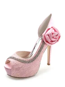 Zapatos de novia de marfil Plataforma de encaje Peep Toe Diamantes de imitación Zapatos de novia de tacón alto #355719
