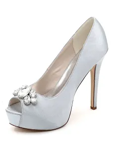 Zapatos de novia de satén Zapatos de Fiesta de tacón de stiletto Zapatos plateado  Zapatos de boda de punter Peep Toe 12.5cm con joyas 3cm #218855