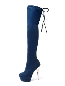 Botas altas hasta el muslo con plataforma Botas por encima de la rodilla con tacón de aguja y punta de almendra de tela elástica para mujer #264518