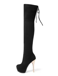 Botas altas hasta el muslo con plataforma Botas por encima de la rodilla con tacón de aguja y punta de almendra de tela elástica para mujer #264539
