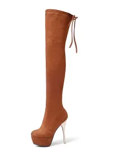 Botas altas hasta el muslo con plataforma Botas por encima de la rodilla con tacón de aguja y punta de almendra de tela elástica para mujer #264579
