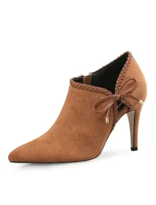 Botines de tacón alto Zapatos de mujer Botines cortos con lazo en punta marrón #246315