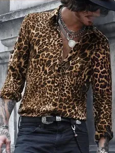 Camisa casual para hombre con estampado de leopardo Camisas de cuello vuelto marrón café de gran tamaño simple #435451