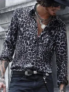 Camisa casual para hombre con estampado de leopardo Camisas de cuello vuelto marrón café de gran tamaño simple #435452