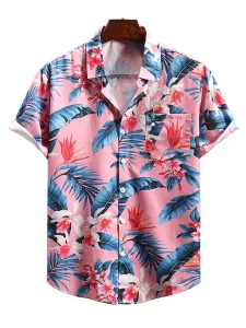 Camisa casual para hombre Cuello vuelto Camisas de hombre rosa estampadas elegantes #435875