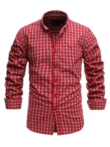 Camisa casual para hombre Cuello vuelto Elegante Plaid Rojo Camisas para hombre #491102