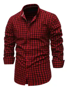 Camisa casual para hombre Cuello vuelto Elegante Plaid Rojo Camisas para hombre #491105