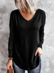 Camiseta de manga larga negra para mujer Camiseta con cuello en v recortada en capas de poliéster #395837