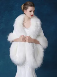 Abrigo de piel sintética de lujo con 3/4 manga Color liso Chales de pelo artificial de novia para la boda