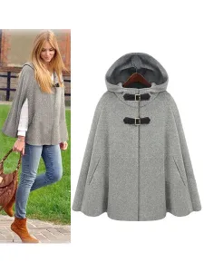 Abrigo poncho para mujer con capucha de gran tamaño gris ropa de abrigo de invierno #222167