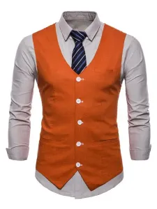 Chaleco de traje de hombres con cuello en V de lino de algodón de bolsillo Regular Fit chaleco informal #259125