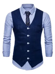 Chaleco de traje de hombres con cuello en V de lino de algodón de bolsillo Regular Fit chaleco informal #259130