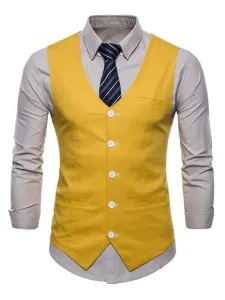 Chaleco de traje de hombres con cuello en V de lino de algodón de bolsillo Regular Fit chaleco informal