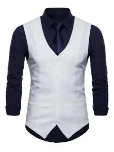 Chaleco de traje de hombres con cuello en V de lino de algodón de bolsillo Regular Fit chaleco informal #259158