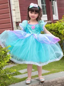 Disfraz de princesa para niños, conjunto de 2 piezas, vestido de princesa de poliéster verde azulado