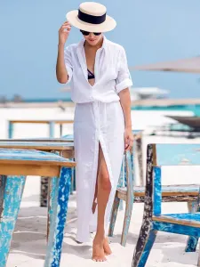 Cárdigan blanco Cuello extendido Cuello alto con manga larga Botón arriba Ropa de playa para mujer
